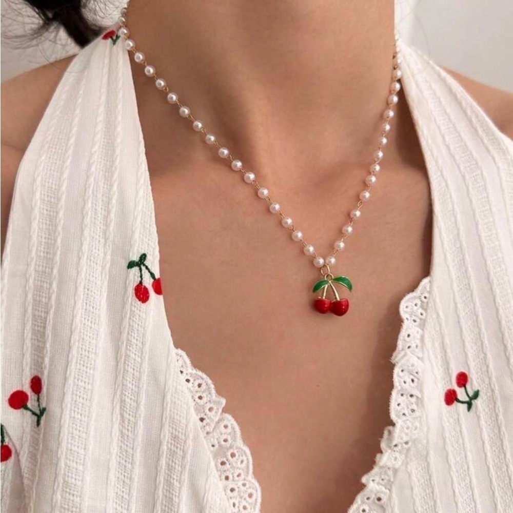 Cherry fruit charm pearl gold necklace